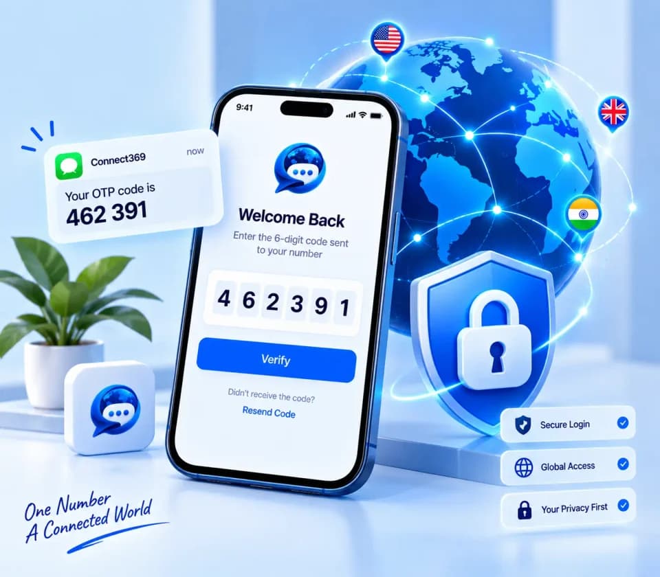 Login illustration: phone with OTP code + lock + globe (desktop 480x420)